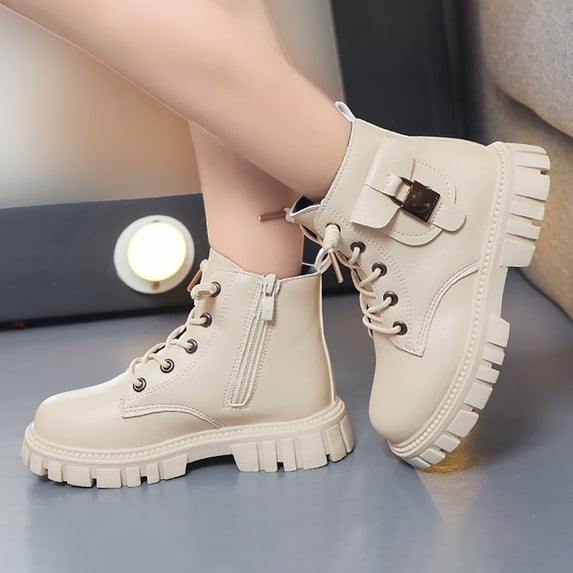 Xijirk Girls Versatile Short Boots Winter Children Simple Waterproof Side Zip Warm Durable Ankle Boots-White-12