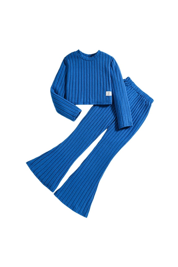Girls Winter Outfits Long Sleeve Solid Striped Cozy Two Piece Coordinated Playwear Casual Winter Outfits Everyday Casual Play,Blue,8-9 Years