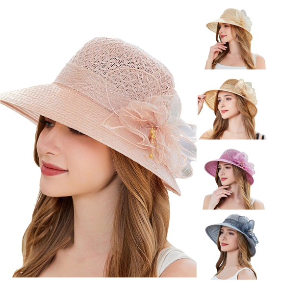Xijirk Hollow Straw Sun Hat with Flower Bead Wide Curved Brim Elegant Headwear for Wedding Tea Party Beach Summer Outdoor Occasions,Beige,One Size