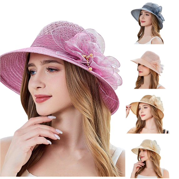 Xijirk Hollow Straw Sun Hat with Flower Bead Wide Curved Brim Elegant Headwear for Wedding Tea Party Beach Summer Outdoor Occasions,Beige,One Size