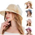 thumbnail image 1 of Xijirk Hollow Straw Sun Hat with Flower Bead Wide Curved Brim Elegant Headwear for Wedding Tea Party Beach Summer Outdoor Occasions,Beige,One Size, 1 of 8