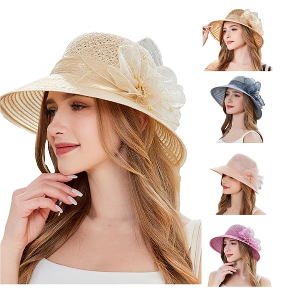 Xijirk Hollow Straw Sun Hat with Flower Bead Wide Curved Brim Elegant Headwear for Wedding Tea Party Beach Summer Outdoor Occasions,Beige,One Size