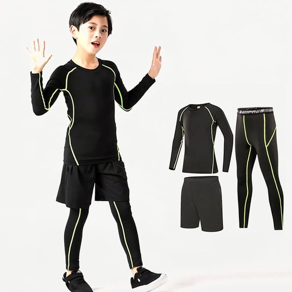 Xijirk Kids 3‑Piece Compression Set Long Sleeve Top Tights & Shorts for Sports Training,14-15 Years