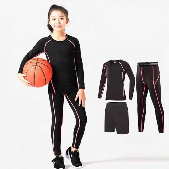 Xijirk Kids 3‑Piece Compression Set Long Sleeve Top Tights & Shorts for Sports Training,8-9 Years