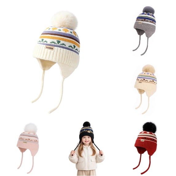 Xijirk Kids Winter Knit Beanie Pom Hat With Ear Warm Lined Cap for Outdoor Cold Weather for Toddlers Boys Girls