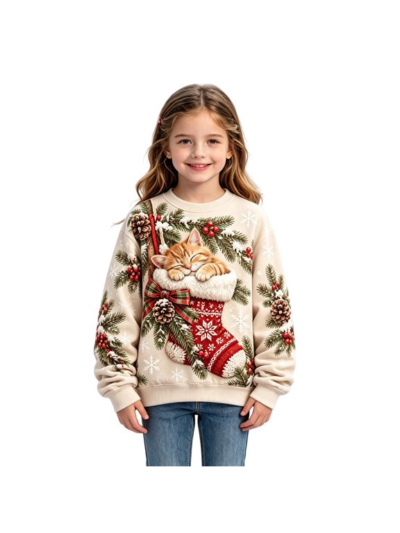 Xijirk Kids Crew Neck Sweatshirt Sleeping Cat 3D Graphic Print Long Sleeve Pullover with Christmas Stocking Bow Pine Cone and Snowflake Detail for Christmas Holiday Party Outfit