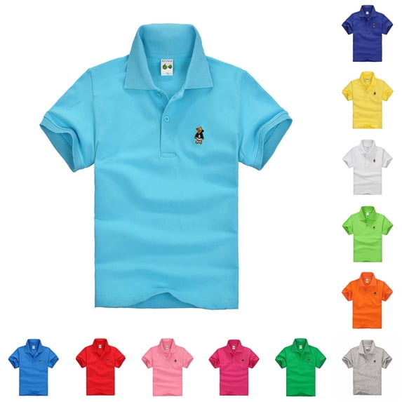 Xijirk Kids Solid Cartoon Embroidery Chest Logo Short Sleeve Collared Half Button Polo Shirt Back to School Uniform Casual Basic Tee Top 5-6 Years,Light Blue