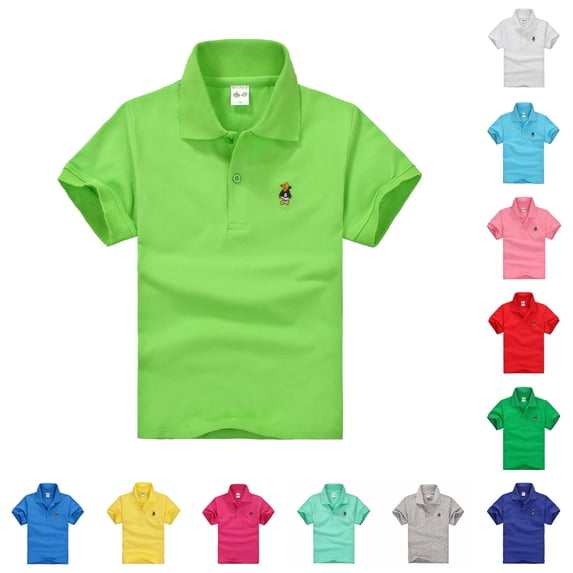 Xijirk Kids Solid Cartoon Embroidery Chest Logo Short Sleeve Collared Half Button Polo Shirt Back to School Uniform Casual Basic Tee Top 6-12 Months,Light Green