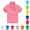 thumbnail image 1 of Xijirk Kids Solid Cartoon Embroidery Chest Logo Short Sleeve Collared Half Button Polo Shirt Back to School Uniform Casual Basic Tee Top 7-8 Years,Pink, 1 of 3