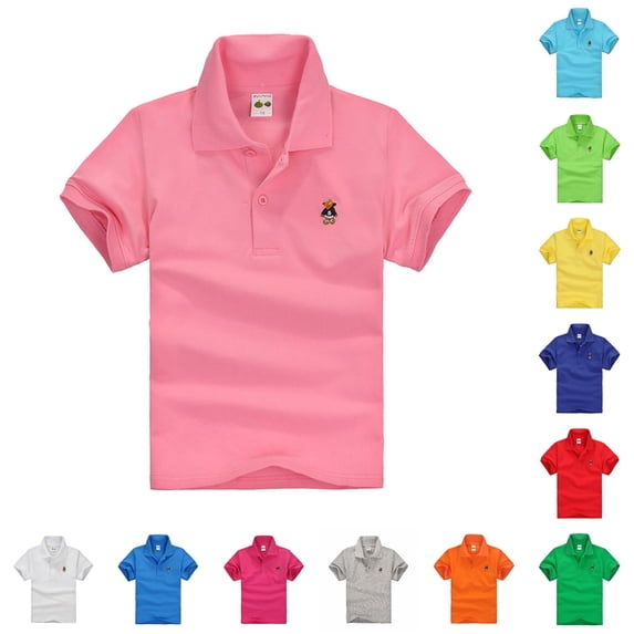 Xijirk Kids Solid Cartoon Embroidery Chest Logo Short Sleeve Collared Half Button Polo Shirt Back to School Uniform Casual Basic Tee Top 7-8 Years,Pink