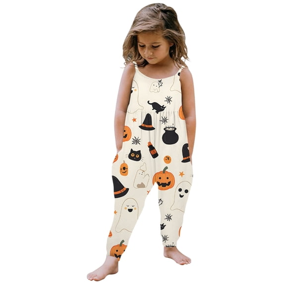 Xijirk Kids Spaghetti Strap Harem Jumpsuit with Pumpkin Ghost Black Cat Witch Hat Cartoon Print Side Pockets for Halloween Holiday Party Outfit,5-6 Years