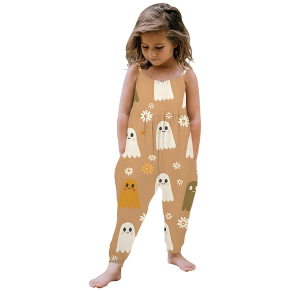 Xijirk Kids Spaghetti Strap Harem Jumpsuit with Ghost Daisy Flower Cartoon Print Side Pockets for Halloween Holiday Party Outfit,5-6 Years