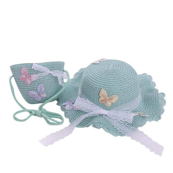 Xijirk Kids Straw Hat Set Woven Bucket Hats With Matching Bag Kids Summer Beach Tourism Outdoor Play Daily Wear,Z01 Mint Green,One Size