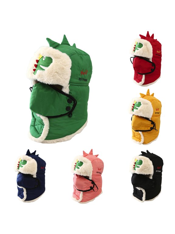 Xijirk Kids Winter Balaclava Dinosaur Spikes Embroidery Windproof Shell Plush Button Closure Ski School Play,3-11 Years