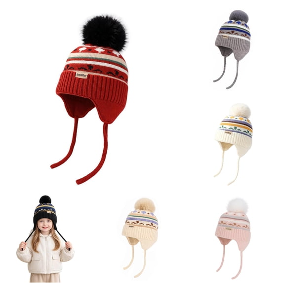Xijirk Kids Winter Knit Beanie Pom Hat With Ear Warm Lined Cap for Outdoor Cold Weather for Toddlers Boys Girls