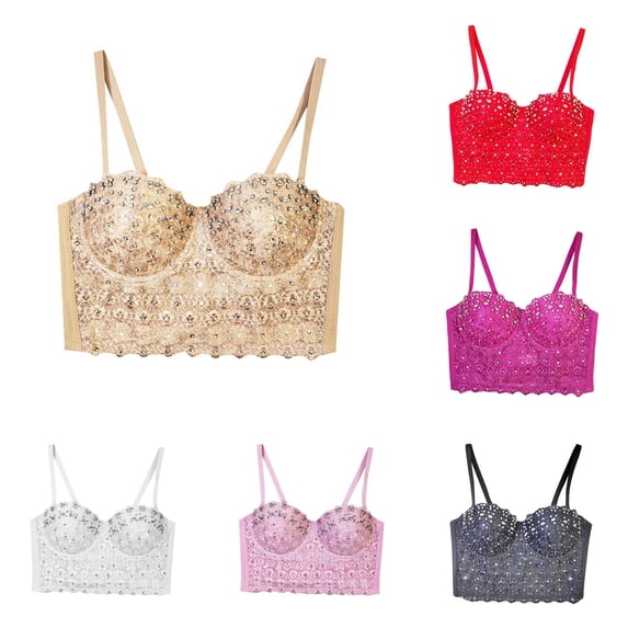 Xijirk Lace Rhinestone Spaghetti Strap Bustier Corset Top Sweetheart Neck Cropped Camisole for Concert Club Night Party Outfits,Khaki,90