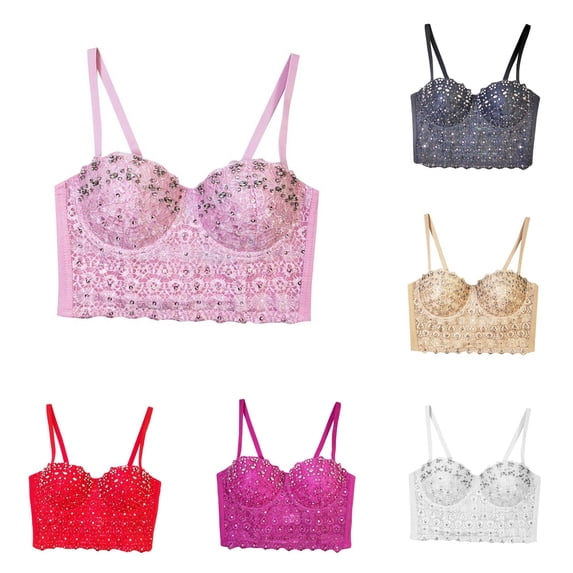 Xijirk Lace Rhinestone Spaghetti Strap Bustier Corset Top Sweetheart Neck Cropped Camisole for Concert Club Night Party Outfits,Pink,90