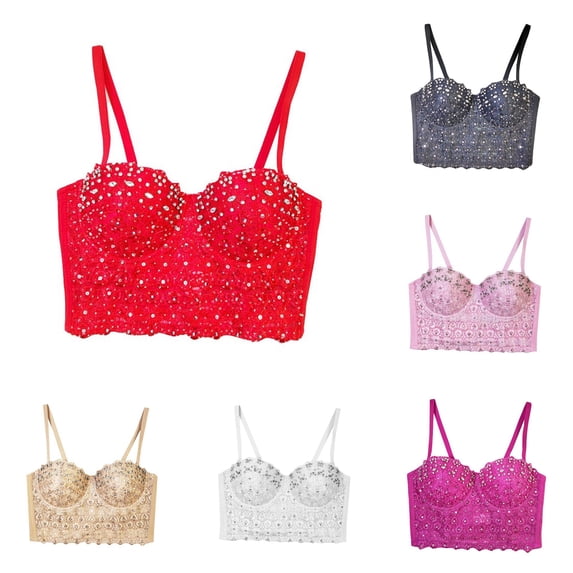 Xijirk Lace Rhinestone Spaghetti Strap Bustier Corset Top Sweetheart Neck Cropped Camisole for Concert Club Night Party Outfits,Red,90