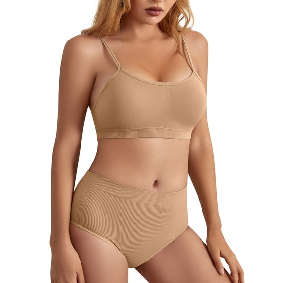 Xijirk Lingerie Sets for Women,Two Piece U Neck Seamless Solid Halter High Waist Bra Fashion Underwear Bra Set for Comfortable Lounge and Nightwear,Lingerie Sets,Beige,L