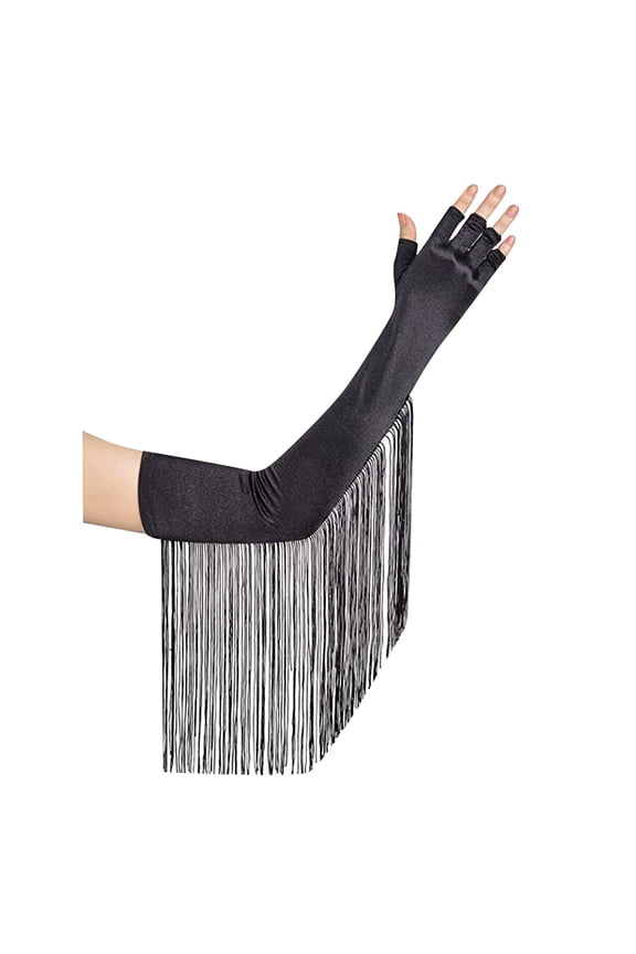 Xijirk Long Fringe Satin Fingerless Gloves Elbow Length Party Dance Gloves Black,One Size