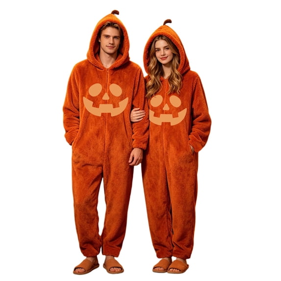 Xijirk Men and Women Onesie Pajama Hooded Zip up Jumpsuit with Pumpkin Face Print for Halloween Party and Loungewear,Orange,XL