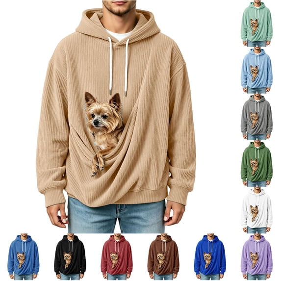 Xijirk Mens Corduroy Pet Pouch Hoodie with Large Built‑in Pet Carrier Pocket for Small Dogs Cats Daily Walks Outdoor Casual Trips,Khaki,5XL