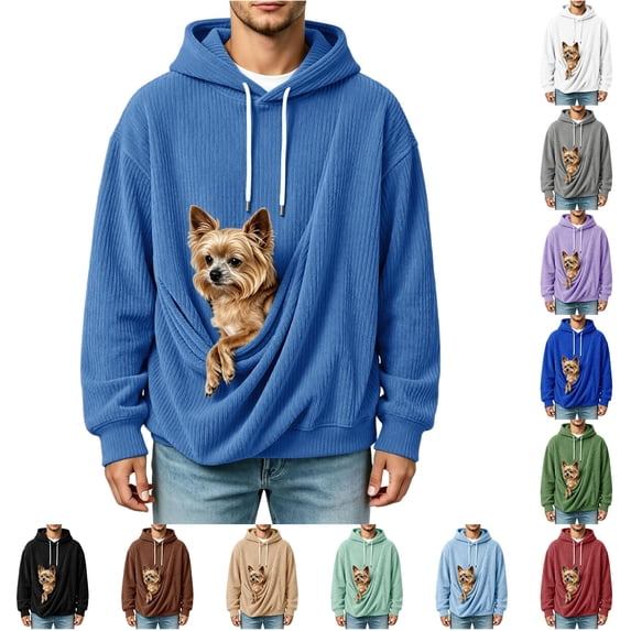 Xijirk Mens Corduroy Pet Pouch Hoodie with Large Built‑in Pet Carrier Pocket for Small Dogs Cats Daily Walks Outdoor Casual Trips,Blue,XL