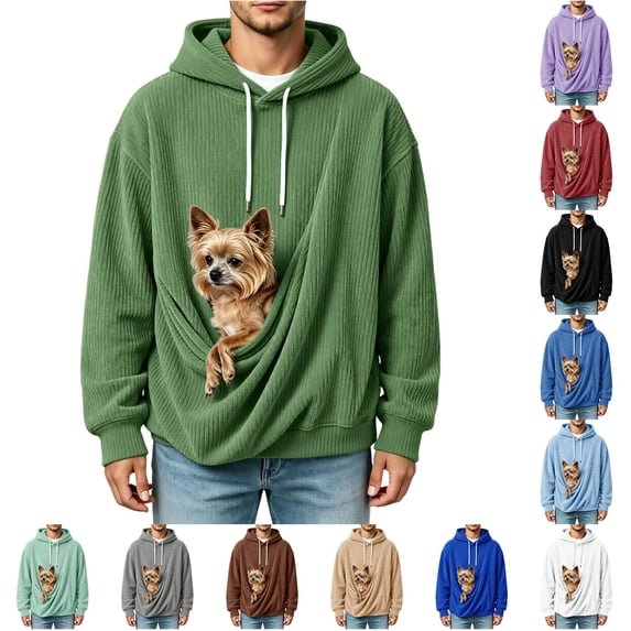 Xijirk Mens Corduroy Pet Pouch Hoodie with Large Built‑in Pet Carrier Pocket for Small Dogs Cats Daily Walks Outdoor Casual Trips,Dark Green,S