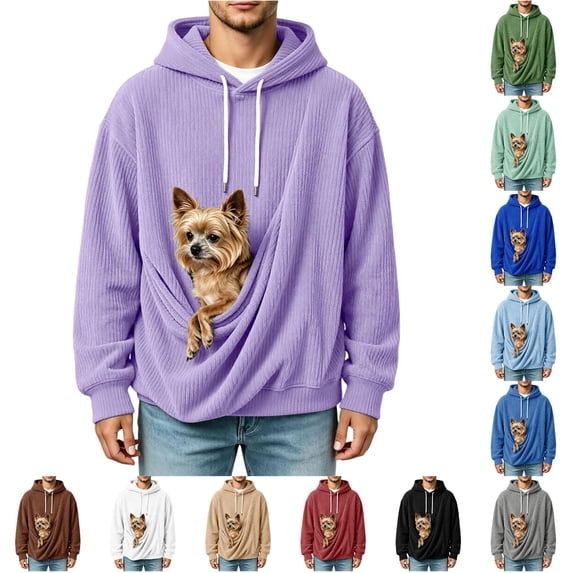 Xijirk Mens Corduroy Pet Pouch Hoodie with Large Built‑in Pet Carrier Pocket for Small Dogs Cats Daily Walks Outdoor Casual Trips,Purple,S