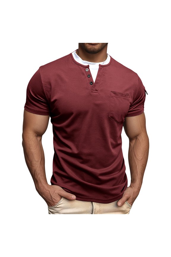 Mens Shirts,Casual Double Layer Neck Design Short Sleeve T Shirt Comfortable Soft Daily Wear Basic Top for Versatile Styling,Shirts for Men,Red,M