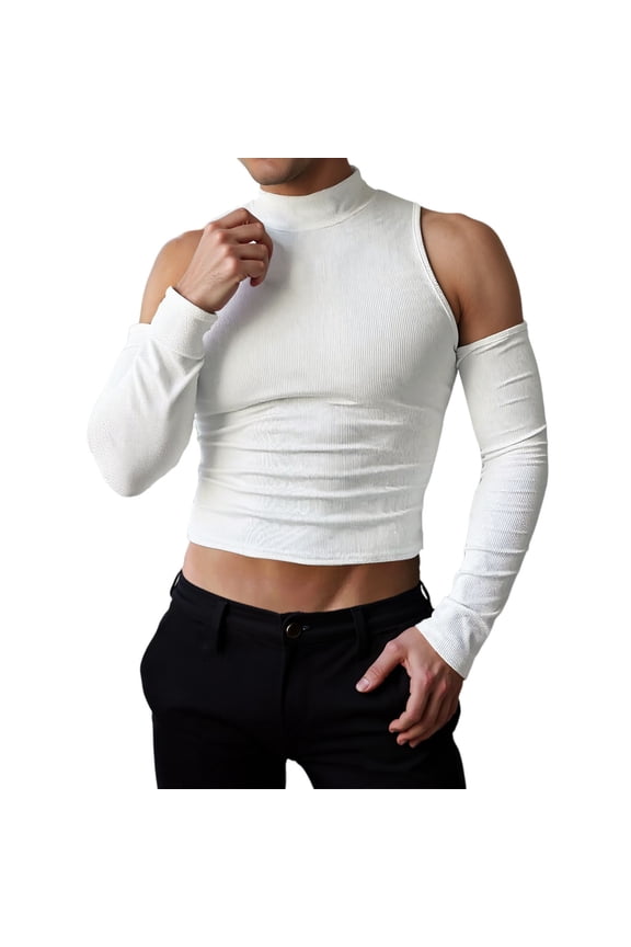 Mens Shirts,High Neck Off Shoulder Cut Out Hollow Sexy Long Sleeve T Shirt Fashion Statement Edgy Casual Top,Shirts for Men,White,M