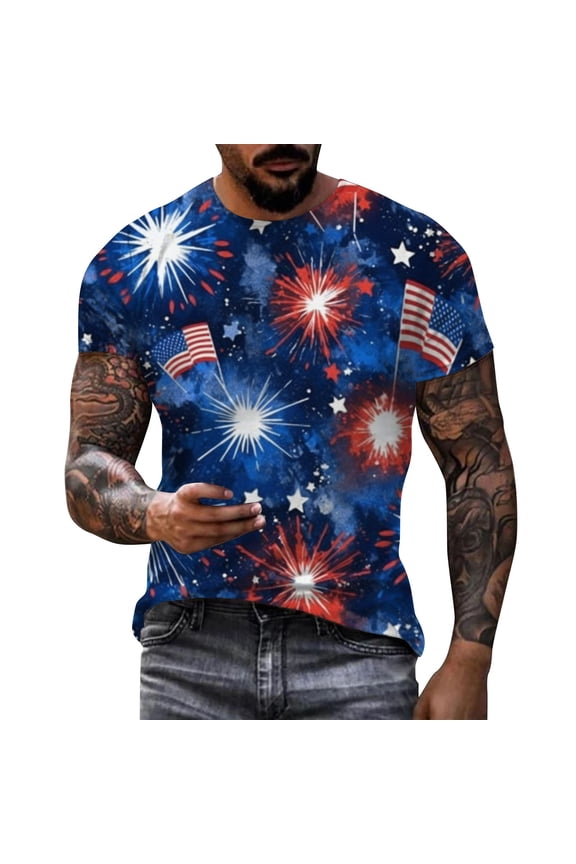 Mens Shirts,July 4th Patriotic Star And Floral Design Short Sleeve Crew Neck T Shirt Casual Fashion Bottoming Soft Breathable Knit Undershirt Top,Shirts for Men,Red,M