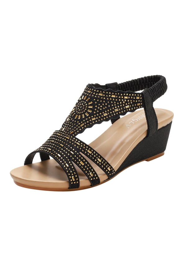 Mid Heel Sandals for Women with Adjustable Toe Post Casual Boho Design All Day Walking Shoes for Errands and Leisure Activities,Black,7.5