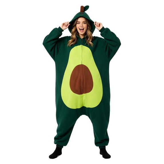 Xijirk Onesie Pajama Hooded Zip up Jumpsuit with Avocado Print and 3D Character Hood for Halloween Party and Loungewear,Green,XXL