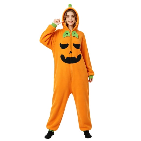 Xijirk Onesie Pajama Hooded Zip up Fleece Jumpsuit with Pumpkin Face Print and 3D Character Hood for Halloween Party and Loungewear,Orange,M