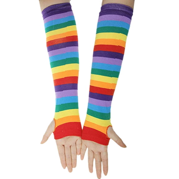 Xijirk Rainbow Striped Fingerless Arm Warmers Stretch Knit Long Hand Sleeves for Cosplay Party Parade Multicolor,One Size