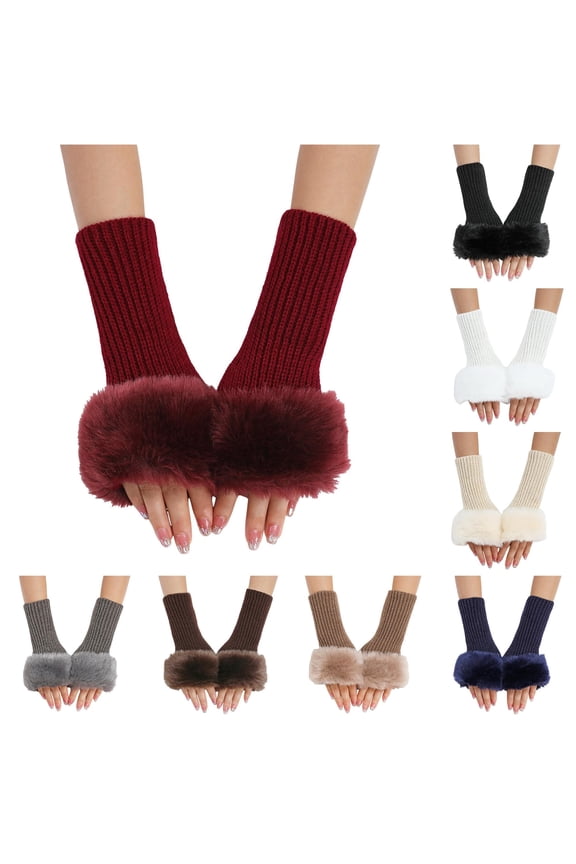 Xijirk Ribbed Knit Fingerless Arm Warmers Plush Faux Fur Cuff Winter Wrist Cuffs Red,One Size