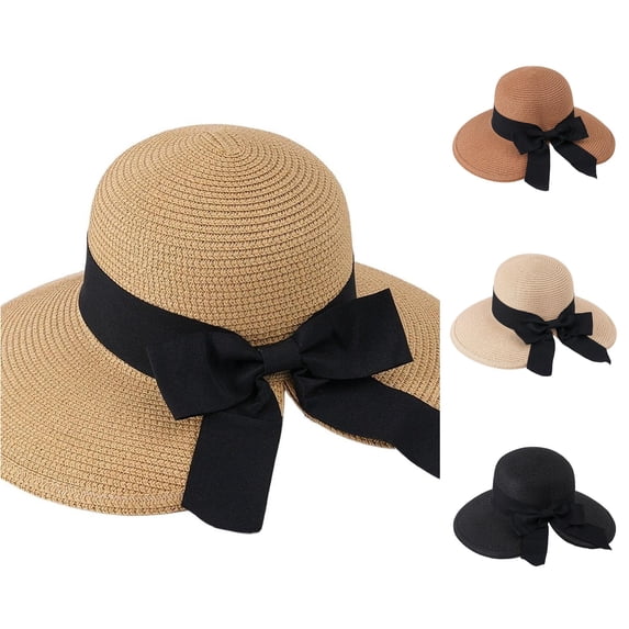 Xijirk Round Top Straw Hat with Back Bow Knot Decoration for Beach Gardening Daily Outside Use for Adult Light Air Permeable Sun Head Gear,Khaki,One Size