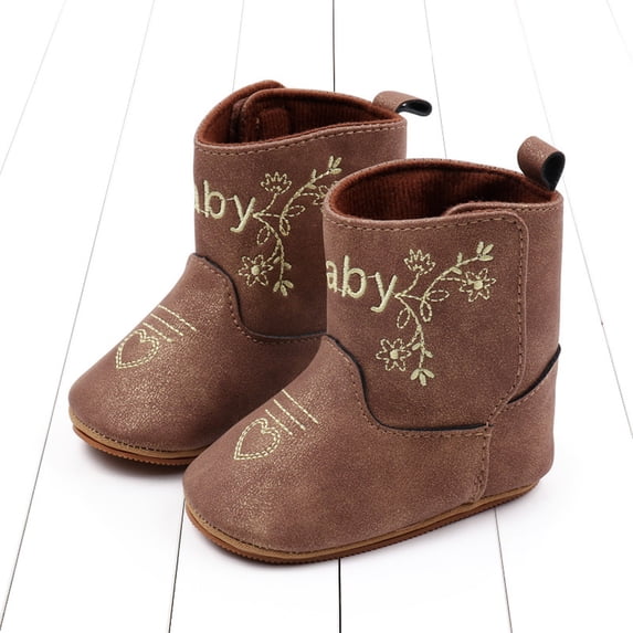 Xijirk Shimmer Lace Embroidery Western Cowboy Baby Mid Calf Boots Pull Tab Flexible Sole First Walking Casual Shoes Coffee,6-9 Months