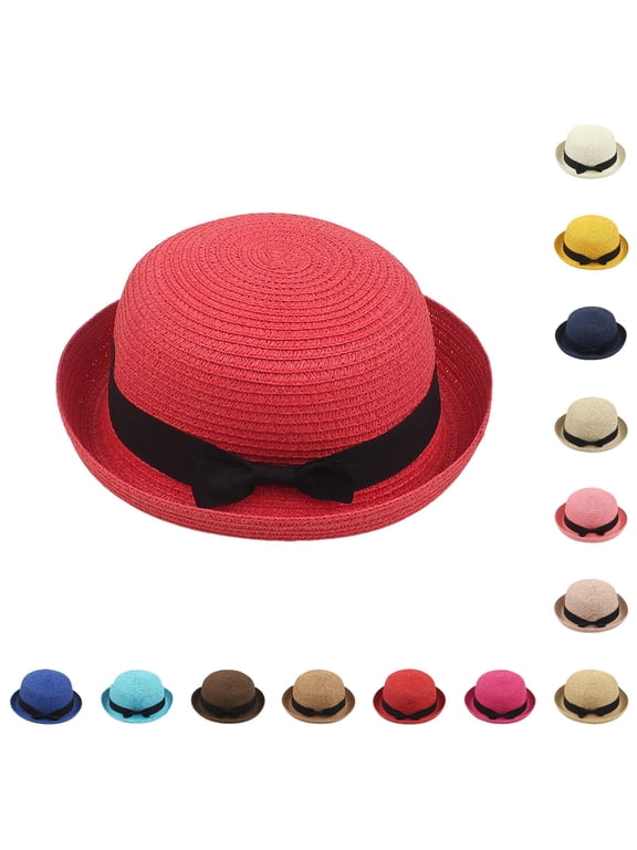 Xijirk Short Rolled Brim Woven Straw Bowler Hat with Satin Bow Band Lightweight Headwear for Beach Travel Wedding Daily Street Summer Occasions,Beige,71cm