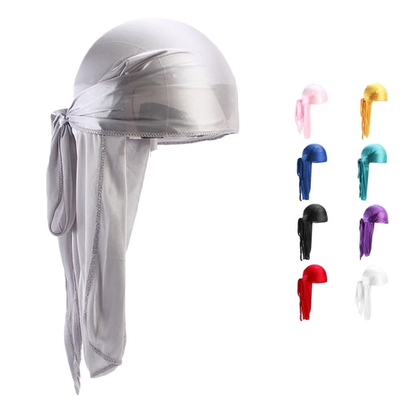 Xijirk Silky Satin Durag with Extra Long Tie Tails Elastic Seamless Head Wrap Hair Compression Headscarf for 360 Wave Styling Hop Daily Hair Care,Grey,One Size