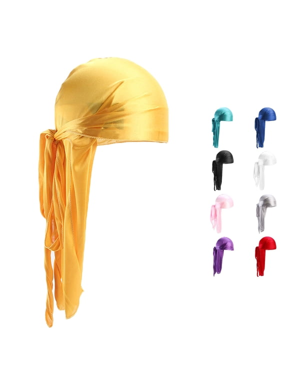 Xijirk Silky Satin Durag with Extra Long Tie Tails Elastic Seamless Head Wrap Hair Compression Headscarf for 360 Wave Styling Hop Daily Hair Care,Yellow,One Size
