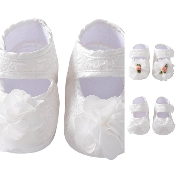 Xijirk Solid Baby Girls Lace Bow Mary Jane Crib Shoes, Hook and Loop Soft Sole Baptism Wedding Dress Shoes Clear,0-6 Months