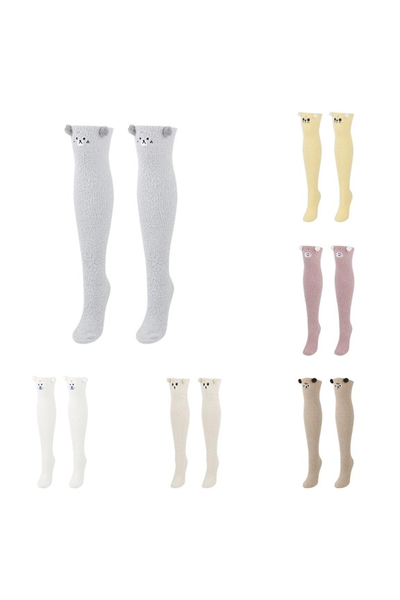 Xijirk Solid Bear Face 3D Pom Pom Decor Over The Knee Socks Soft Cozy Plush Knit Socks for Indoor Lounging Size:One Size