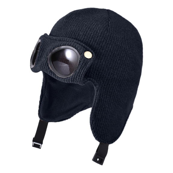 Xijirk Solid Corduroy Pilot Trapper Hat with Goggle Decor Adjustable Chin Strap Ear Flap Windproof Winter Headwear for Kids Black,4-10 Years