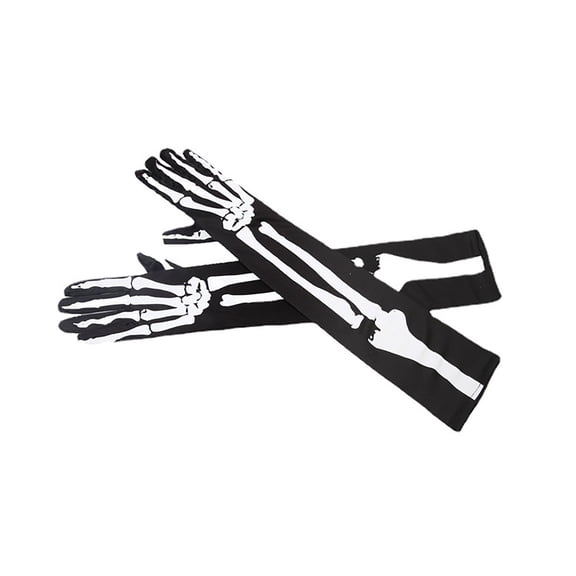 Xijirk Solid Elbow Length Skeleton Bone Print Full Finger Gloves Stretch Knit Gothic Skull Halloween Cosplay Zombie Fancy Dress Party Decorative Gloves Black,One Size
