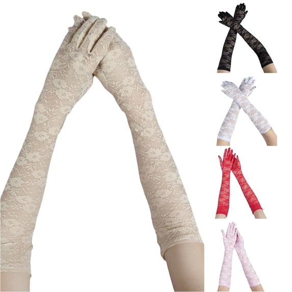 Xijirk Solid Extra Long Floral Lace Opera Gloves Sheer See Through Elbow Length Stretch Full Finger Wedding Bridal Prom Sun Protection Vintage formal Party Decorative Gloves Beige,One Size