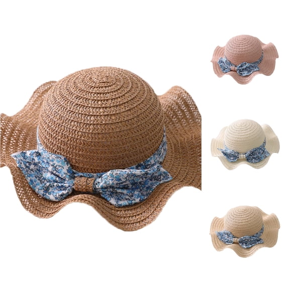 Xijirk Solid Hollow Woven Kids Straw Hat Floral Fabric Bow Ruffled Wide Brim Breathable Children Summer Outdoor Sun Hat One Size,Khaki