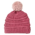 thumbnail image 1 of Xijirk Solid Horizontal Striped Rib Knit Pom Pom Beanie Fold Warm Winter Headwear for Kids Watermelon Red,One Size, 1 of 4