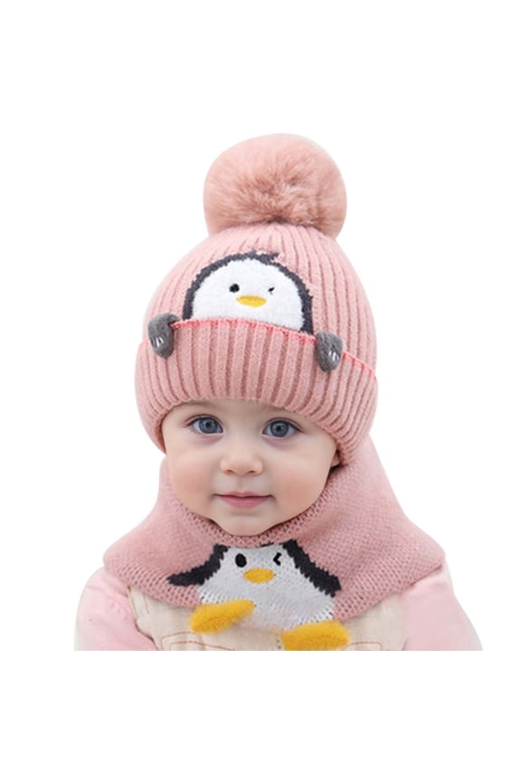Xijirk Solid Penguin Embroidery Baby Knit Beanie & Neck Warmer Set Single Pom Pom Winter Hat Kit Pink,One Size